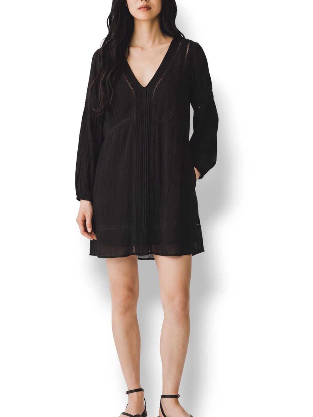 4/$20 Amuse Society Black V Neck Lace Inset Long Sleeve Mini Dress Size Small